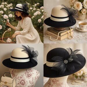 Vintage Mr. Charles Chapeau — Elegant Wide-Brim Hat with Feather & Netting